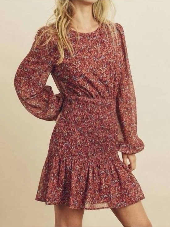 Dress Forum Dresses & Skirts - NWT Smocked ruffle mini dress floral Balloon Long sleeve Size M Maroon Wine